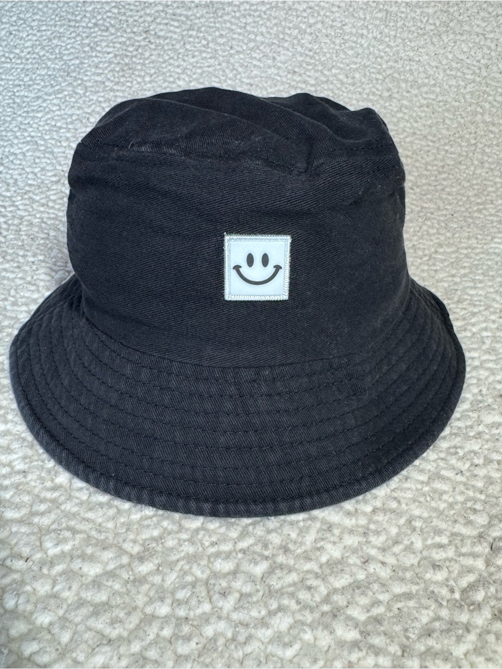 Black Bucket Hat with Smiley Patch